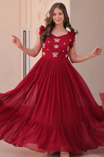Red faux georgette readymade anarkali suit with embroidery & beads work