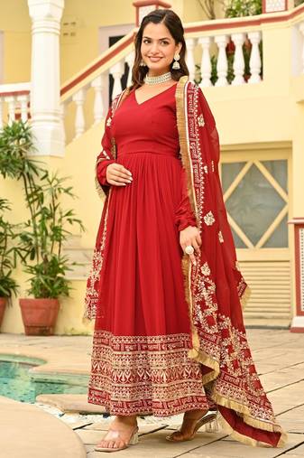 Maroon faux georgette readymade anarkali suit with embroidery & zari work