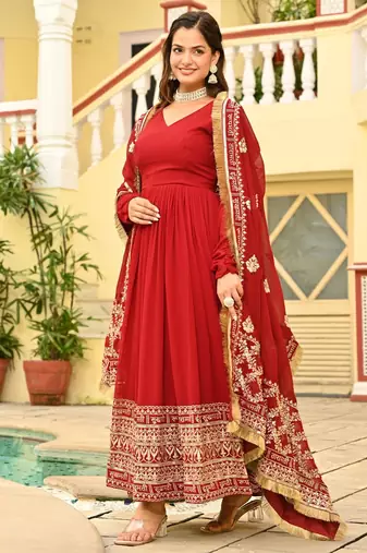 Maroon faux georgette readymade anarkali suit with embroidery & zari work