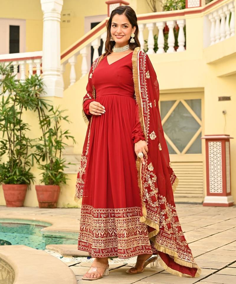 Maroon faux georgette readymade anarkali suit with embroidery & zari work