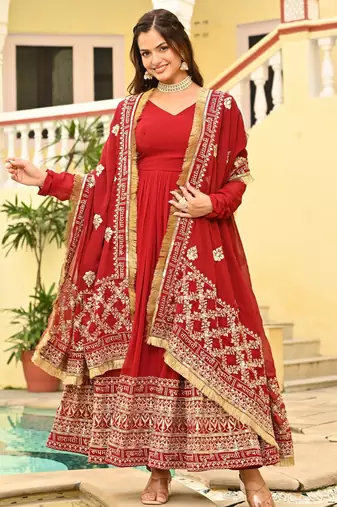 Maroon faux georgette readymade anarkali suit with embroidery & zari work