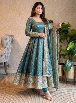  sea blue zari embroidered silk anarkali suit set with dupatta 3