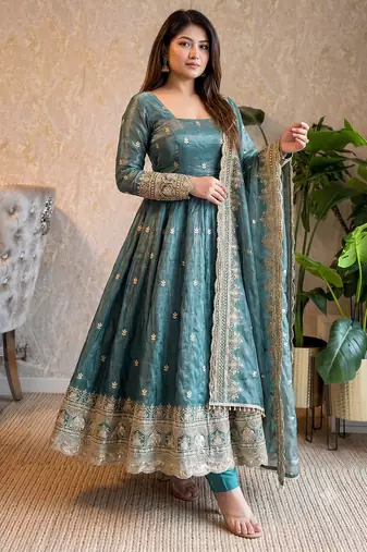  sea blue zari embroidered silk anarkali suit set with dupatta