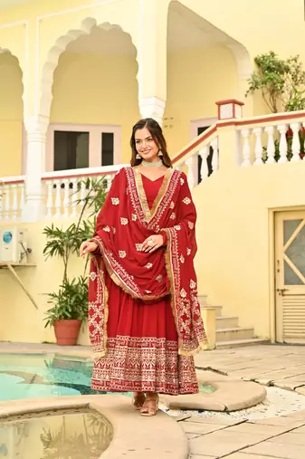 Maroon faux georgette readymade anarkali suit with embroidery & zari work