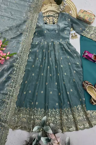  sea blue zari embroidered silk anarkali suit set with dupatta