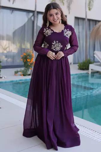 Purple silk readymade anarkali suit with embroidery & zari sequin  work