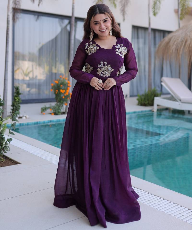 Purple silk readymade anarkali suit with embroidery & zari sequin  work