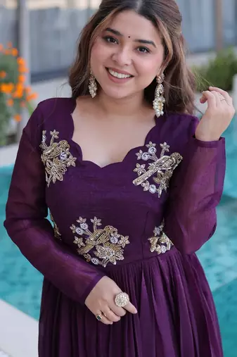 Purple silk readymade anarkali suit with embroidery & zari sequin  work