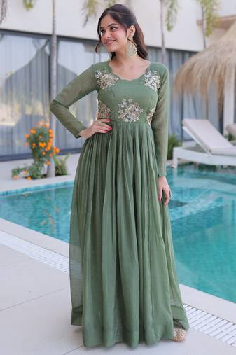 Pista silk readymade anarkali suit with embroidery & zari sequin  work