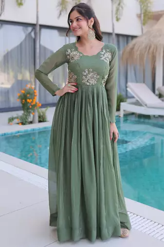 Pista silk readymade anarkali suit with embroidery & zari sequin  work