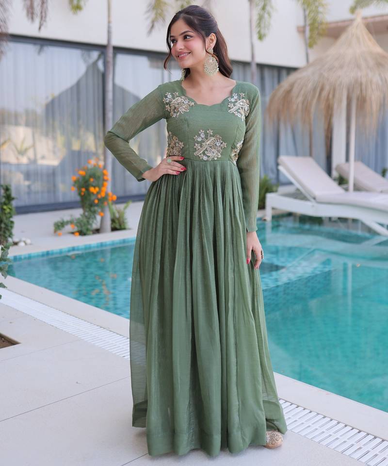Pista silk readymade anarkali suit with embroidery & zari sequin  work