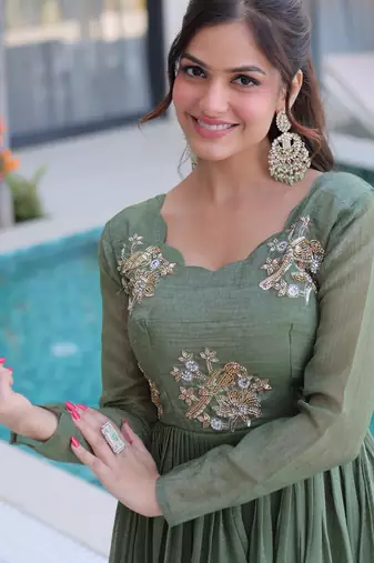 Pista silk readymade anarkali suit with embroidery & zari sequin  work