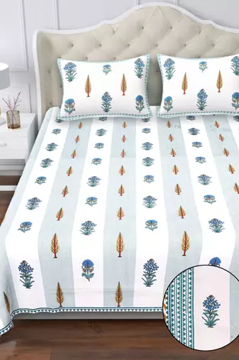 White & blue floral block print pure cotton king size bedsheet with 2 pillow covers (100×108 inches)