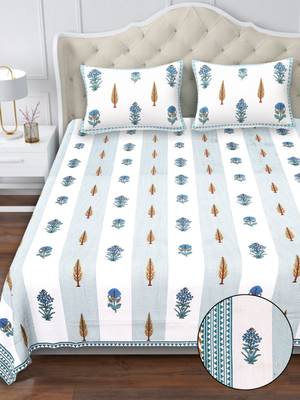 White & blue floral block print pure cotton king size bedsheet with 2 pillow covers (100×108 inches) 2