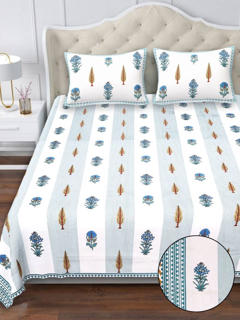 White & blue floral block print pure cotton king size bedsheet with 2 pillow covers (100×108 inches)