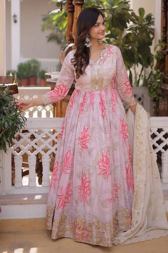 Pink silk readymade anarkali suit with embroidery & zari sequin  work