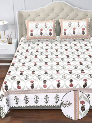 White & brown traditional block print king size cotton bedsheet 1