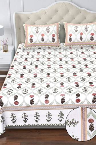 White & brown traditional block print king size cotton bedsheet