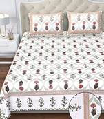 White & brown traditional block print king size cotton bedsheet