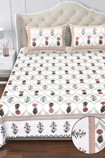 White & brown traditional block print king size cotton bedsheet