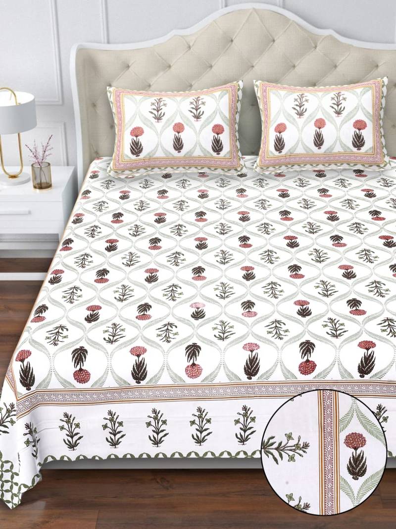 White & brown traditional block print king size cotton bedsheet