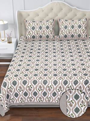 White olive green block print king size pure cotton bedsheet 1