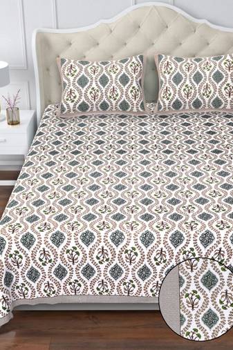 White olive green block print king size pure cotton bedsheet