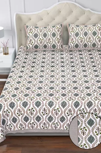 White olive green block print king size pure cotton bedsheet