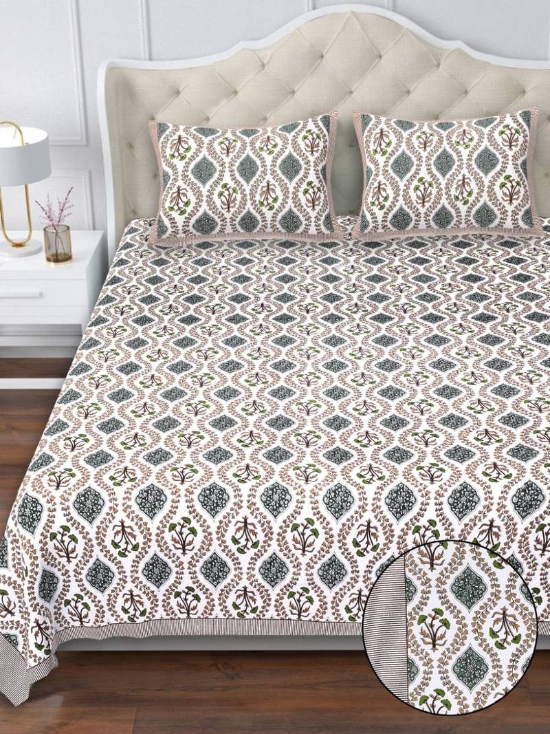 White olive green block print king size pure cotton bedsheet