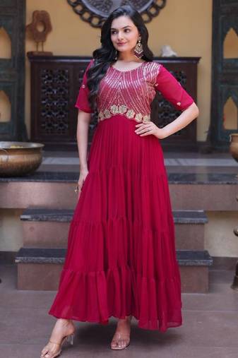 Rani Pink faux georgette readymade anarkali suit with embroidery & zari work