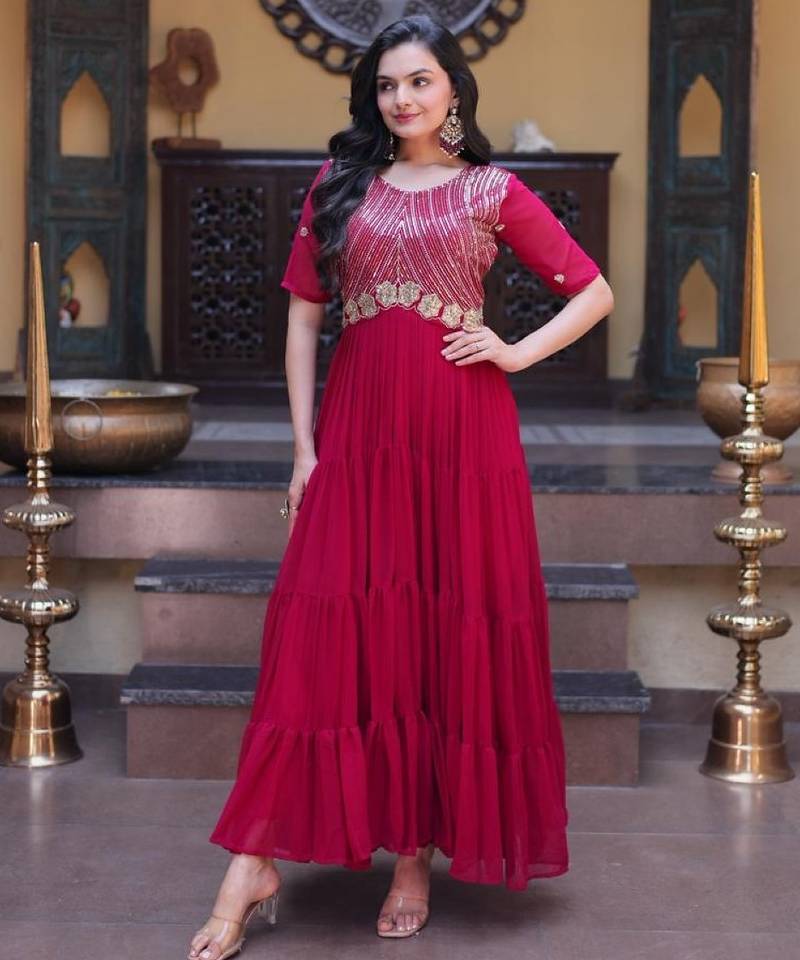 Rani Pink faux georgette readymade anarkali suit with embroidery & zari work