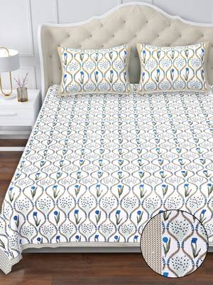 White blue floral print pure cotton king size bedsheet with 2 pillow covers 1