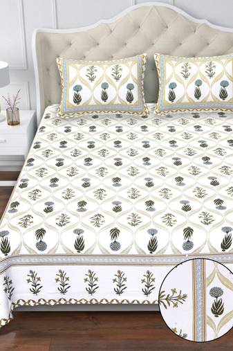 White & olive green floral block print pure cotton king size bedsheet with 2 pillow covers (100×108 inches)