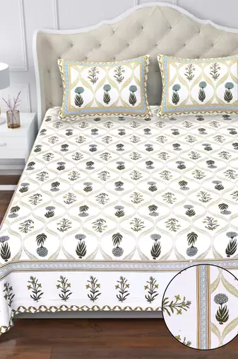 White & olive green floral block print pure cotton king size bedsheet with 2 pillow covers (100×108 inches)