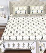 White & olive green floral block print pure cotton king size bedsheet with 2 pillow covers (100×108 inches)