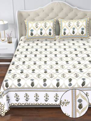 White & olive green floral block print pure cotton king size bedsheet with 2 pillow covers (100×108 inches) 2