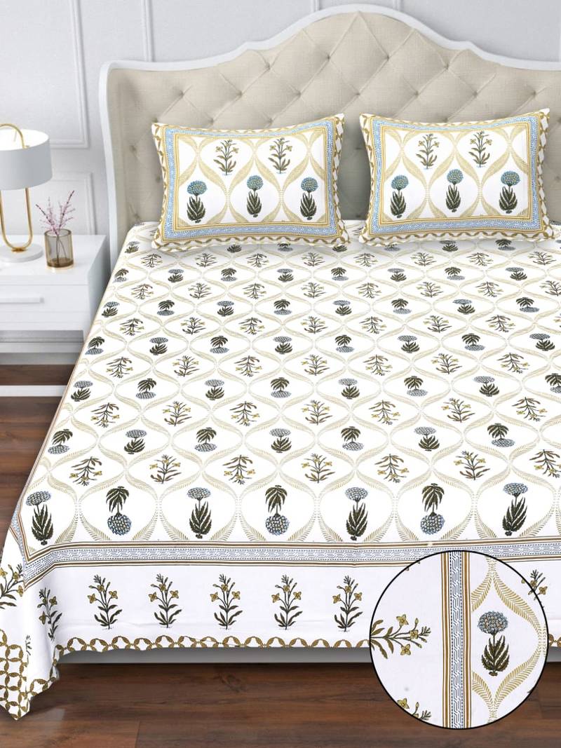 White & olive green floral block print pure cotton king size bedsheet with 2 pillow covers (100×108 inches)