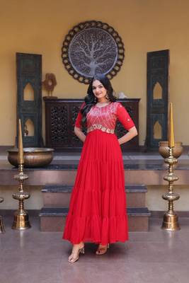 Red faux georgette readymade anarkali suit with embroidery & zari work 1