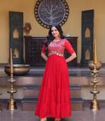 Red faux georgette readymade anarkali suit with embroidery & zari work