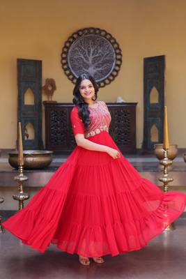 Red faux georgette readymade anarkali suit with embroidery & zari work 2