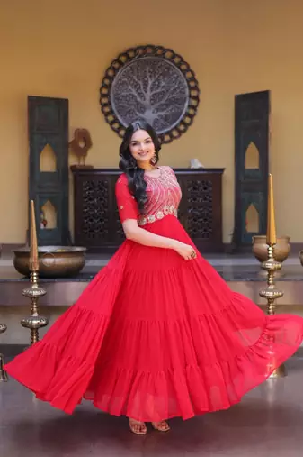 Red faux georgette readymade anarkali suit with embroidery & zari work