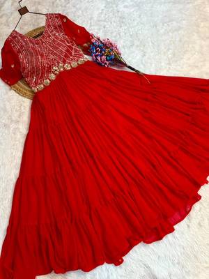 Red faux georgette readymade anarkali suit with embroidery & zari work 3