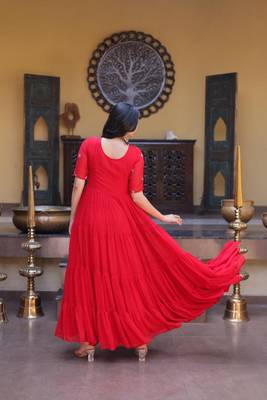 Red faux georgette readymade anarkali suit with embroidery & zari work 4