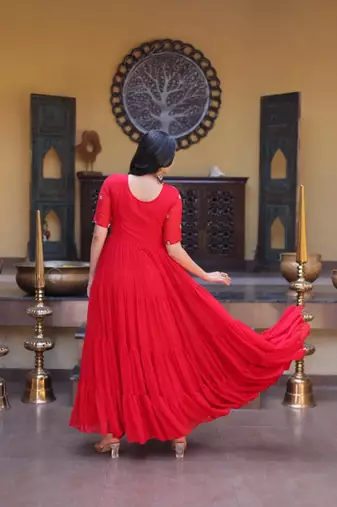 Red faux georgette readymade anarkali suit with embroidery & zari work