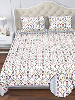 White red floral pure cotton king size bedsheet set with pillow covers 1