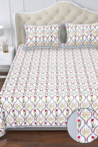 White red floral pure cotton king size bedsheet set with pillow covers