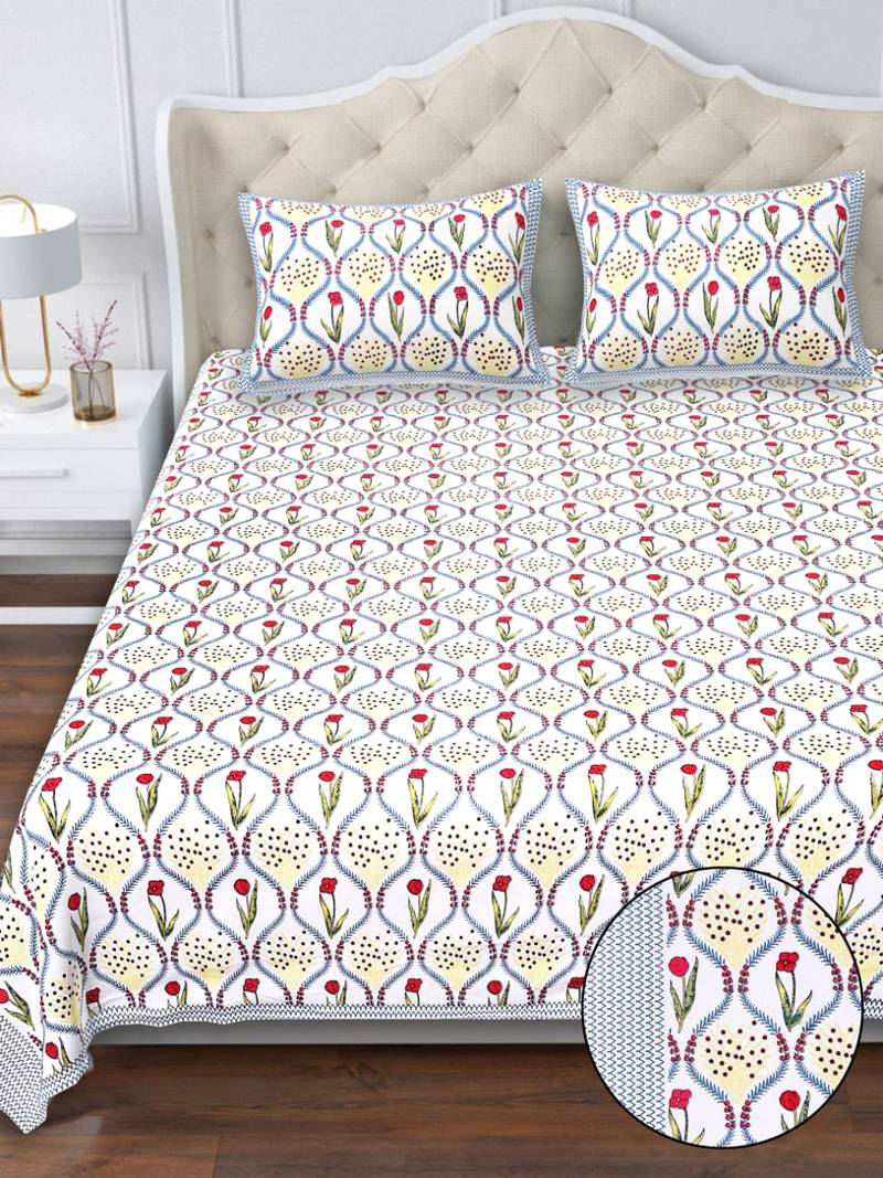 White red floral pure cotton king size bedsheet set with pillow covers