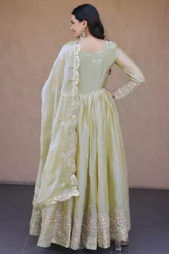 Green silk readymade anarkali suit with embroidery & zari sequin  work