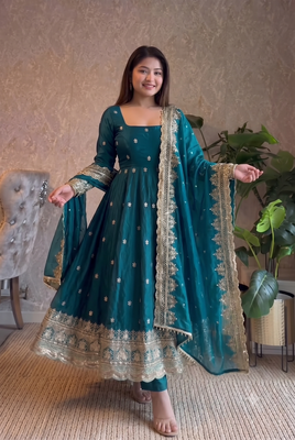  teal blue zari embroidered silk anarkali suit set with dupatta 1