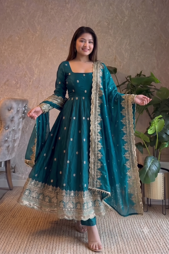 teal blue zari embroidered silk anarkali suit set with dupatta